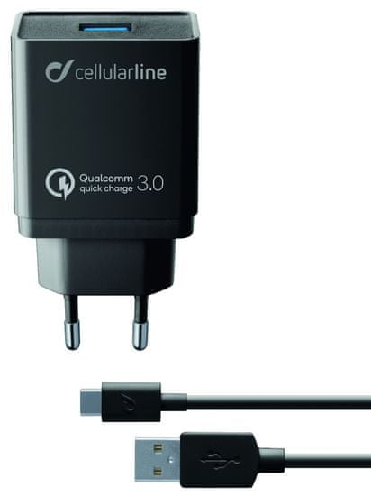 CellularLine Nabíjací set USB adaptéra a USB-C kábla, Qualcomm Quick Charge 3.0, 18 W, čierny ACHHUKITQCTYCK