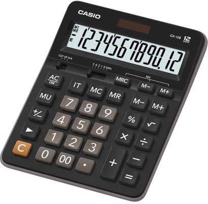 Stolná kalkulačka Casio GX 12 B, solárna, základná, pokročilá, vyrovnávacia pamäť, percentá, zisk, rýchle opravné tlačidlo
