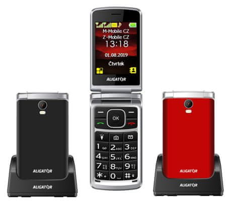 Aligator V710, mobil pre seniorov, véčko, veľké tlačidlá, SOS tlačidlo, jednoduché ovládanie, fotokontakty, dlhá výdrž, nabíjací stojanček