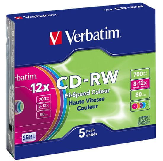 VERBATIM CD-RW SERL 700MB, 12×, colour, slim case 5 ks (43167)
