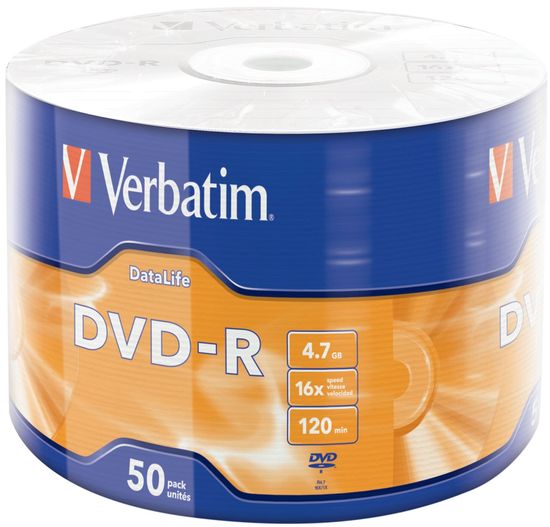 VERBATIM DVD-R DataLife 4,7GB, 16×, wrap 50 ks (43791)
