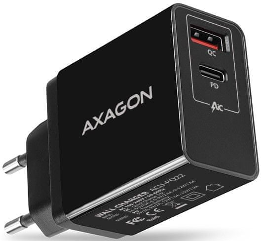 AXAGON ACU-PQ22, PD a QUICK nabíjačka do siete, 2× port QC 3.0 / AFC / FCP + PD Type-C, 22 W