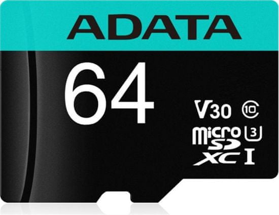 A-Data MicroSDXC 64GB U3 V30S + adaptér (AUSDX64GUI3V30SA2-RA1)