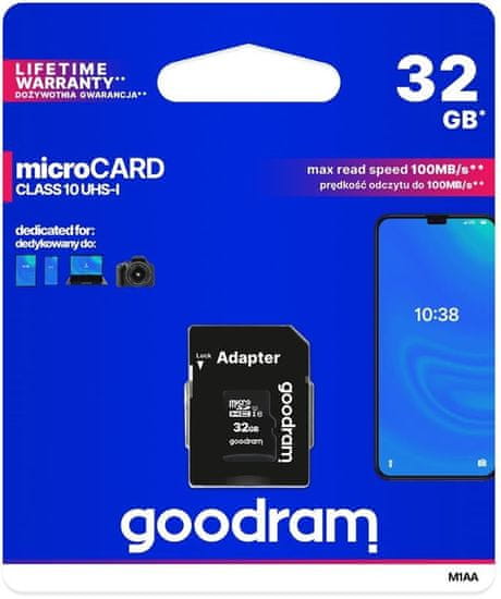 GoodRam microSDHC 32GB M1AA, UHS-I Class 10, U1 + adaptér (M1AA-0320R12)