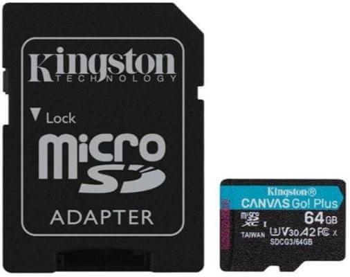 Pamäťová karta Kingston microSDXC 64GB Canvas Go Plus 170R A2 U3 V30 + adaptér (SDCG3/64GB), vysoká kapacita