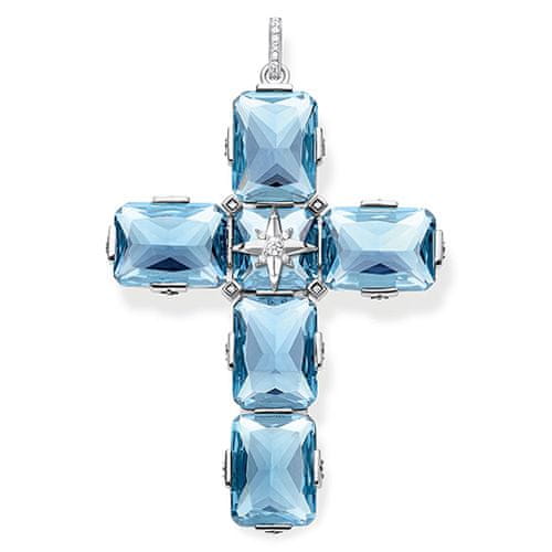 Thomas Sabo Prívesok "Kríž veľké modré kamene s hviezdou" , PE881-644-31, Sterling silver, 925 Sterling silver, blackened, synthetic spinel light blue, zirconia white