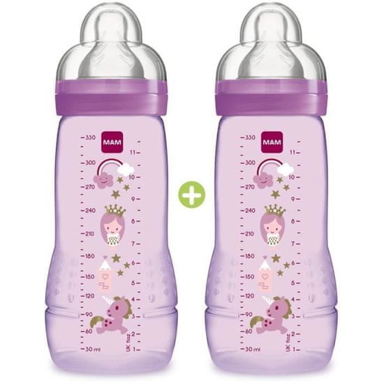 MAM Farebná dojčenská fľaša MAM Easy Active 2nd Age, 330 ml, od 6 mesiacov, cumlík Flow X, sada 2 dievčat