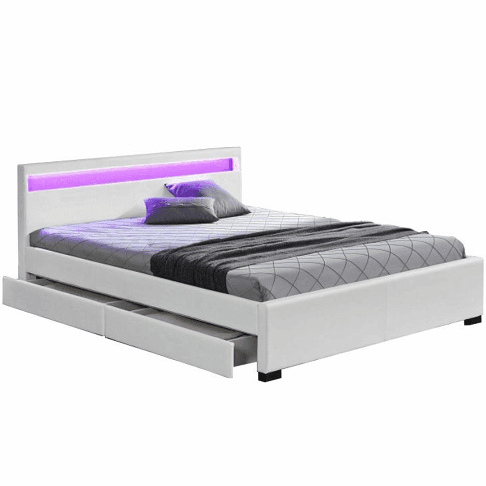 KONDELA Manželská posteľ s úložným priestorom, RGB LED osvetlenie, biela ekokoža, 180x200, CLARETA
