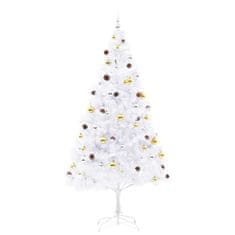 Vidaxl Umelý vianočný stromček s ozdobami a LED diódami 210 cm biely