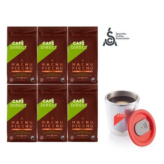 Cafédirect 6x BIO Machu Picchu zrnková káva 227g + nerezový hrnček 200ml