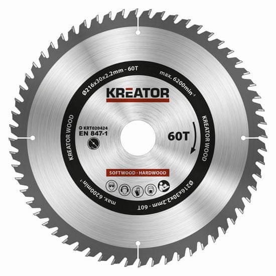 Kreator KRT020424 - Pílový kotúč na drevo 216mm, 60T