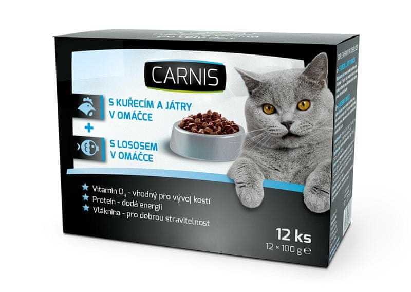Carnis kapsičky pre mačky príchuť kuracie s pečeňou a losos 12x100 g