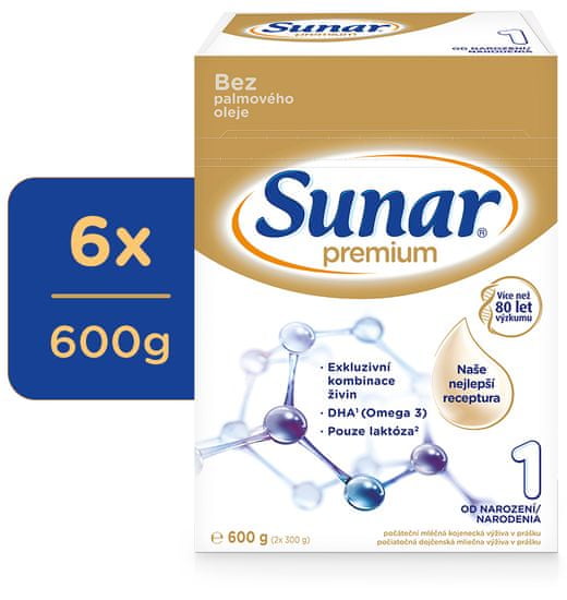 Sunar Premium 1, počiatočné dojčenské mlieko, 6x600g