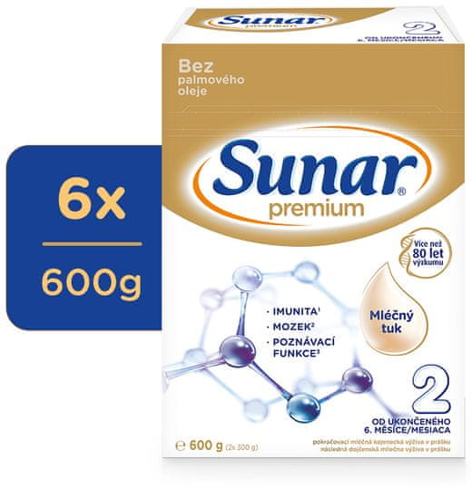 Sunar Premium 2, pokračovacie dojčenské mlieko, 6x600g