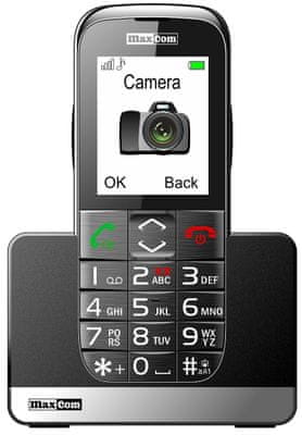 Maxcom MM720, mobil pre seniorov, veľké tlačidlá, SOS tlačidlo, fotokontakty, jednoduché ovládanie, nabíjací stojan
