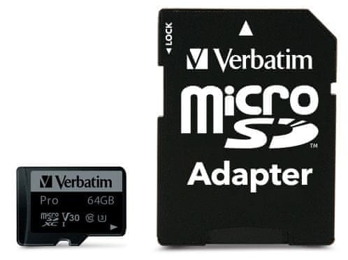 VERBATIM Pro microSDXC 64GB UHS-I V30 U3 + SD adaptér (47042)