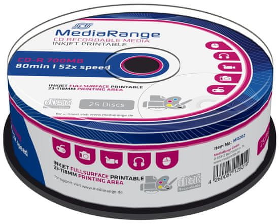 MediaRange CD-R 700MB 52x spindl 25ks Inkjet Printable (MR202)