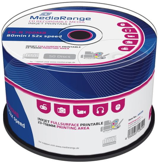 MediaRange CD-R 700MB 52x spindl 50ks Inkjet Printable (MR208)
