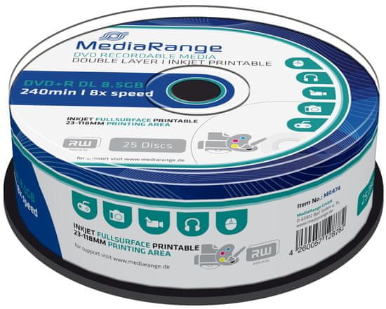 MediaRange DVD+R 8,5GB 8x Dual Layer spindl 25ks Inkjet Printable (MR474)
