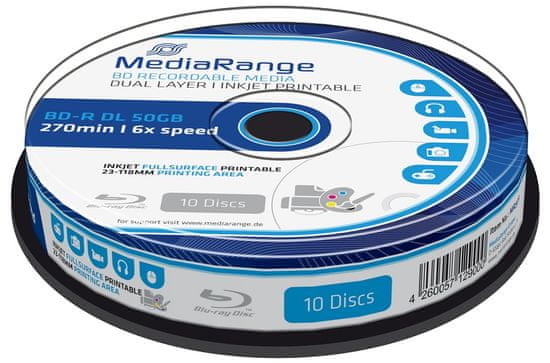 MediaRange BD-R BLU-RAY 50GB 6× Dual Layer spindl 10 ks Inkjet Printable (MR509)