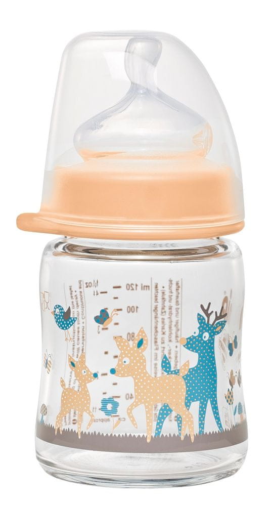 NIP sklenená fľaša so širokým hrdlom, 120 ml, dievča, silikón cumlík M
