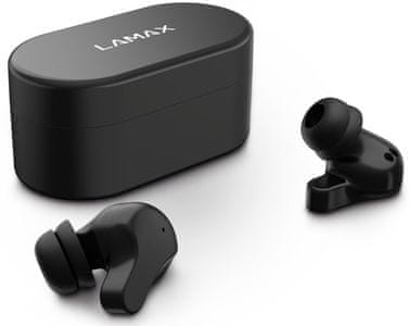 bezdrôtové Bluetooth slúchadlá do uší lamax taps1 nabíjací box výdrž 6 h výdrž s boxom až 18 h handsfree mikrofón čistý zvuk ip54 krytie hlasoví asistenti čistý zvuk moderný design nízka hmotnosť vstavané ovládanie