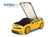 Futuka Kids Postieľka auto EVO CAMARO, Zdvíhacie mechanizmus, LED svetlá, Spodné svetlo, Mäkké čelo - žltá