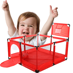 Tavalax Turistické postieľky/cestovná prenosná detská posteľ, červený košík + 100ks Tavalax do bazéna 5.5cm farebné lopty
