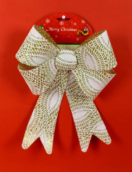DUE ESSE Vianočná zlatá mašľa s trblietkami a bielou čipkou 30 cm, vzor 1