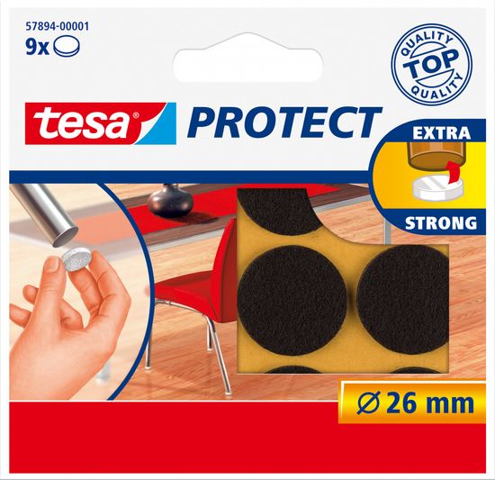 Tesa Protect plstené ochranné podložky proti poškriabaniu, pod stoličky na zníženie hluku - kruhový výsek, priemr 26mm, hnedá, 9ks