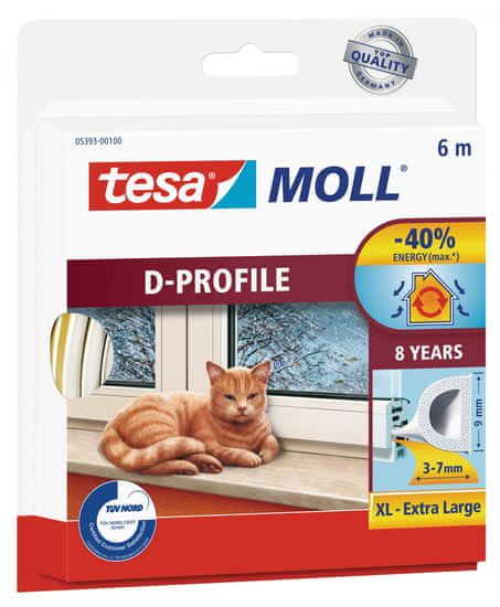Tesa Tesamoll gumové samolepiace tesnenie s profilom D, na dvere a okná, životnosť 8 rokov, na medzery od 3 do 7 mm, 6m - biele
