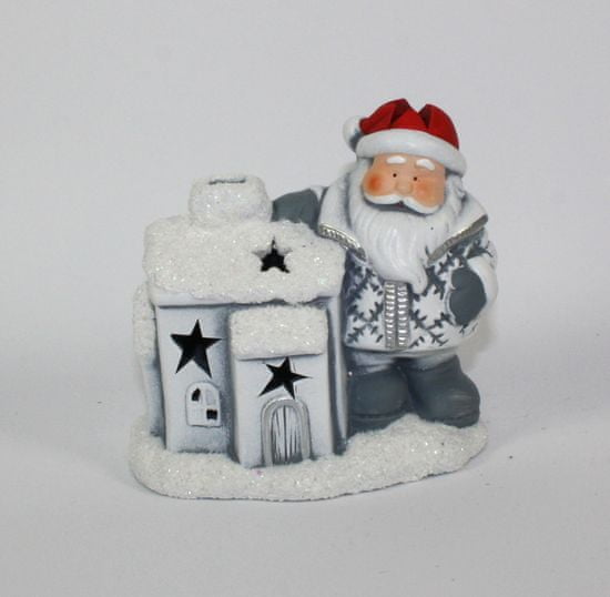 DUE ESSE Vianočná keramická dekorácia Santa so svietiacim domčekom 13 cm, typ č.1