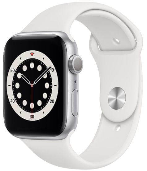 Apple Watch Series 6, 44mm Silver Aluminium Case with White Sport Band (M00D3HC/A)