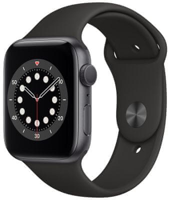 Chytré hodinky Apple Watch Series 6, Retina OLED displej stále zapnuté EKG monitorovanie tepu srdca hudobný prehrávač volanie notifikácia NFC platby Apple Pay hluk App Store okysličenie krvi, detekcia pádu