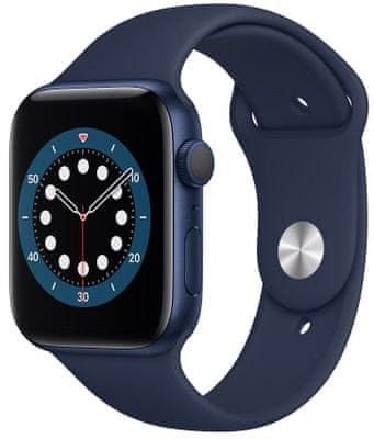 Chytré hodinky Apple Watch Series 6, Retina OLED displej stále zapnuté EKG monitorovanie tepu srdca hudobný prehrávač volanie notifikácia NFC platby Apple Pay hluk App Store okysličenie krvi, detekcia pádu
