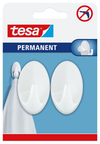 Tesa Permanent trvalé, oválne, biele plastové samolepiace háčiky - ľahká montáž bez vŕtania, pre trvalé pripevnenie, veľ. L, 2ks