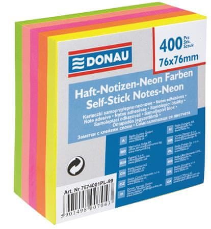 Donau Samolepiace bloček, 76x76 mm, 5x80 lístkov, neónové farby, 7574001PL-99