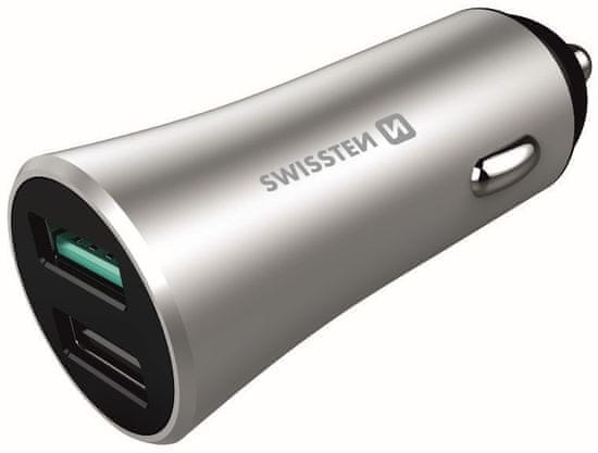 SWISSTEN CL adaptér Quick Charge 3.0 + USB 2,4 A 30 W Metal 20111630, strieborný