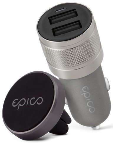 EPICO Bundle Dual Car Charger + Car Holder 9915101300105, čierna/sivá