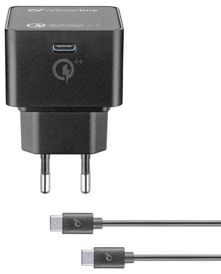 CellularLine Set USB-C sieťové nabíjačky (PD) a 1m kábla s konektormi USB-C, max. 30 W, Qualcomm Quick Charge 4+ ACHKITQC4TYCK, čierny
