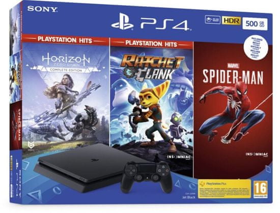 SONY PlayStation 4 Slim - 500GB, čierna + Spider-Man + Horizon Zero Dawn + Ratchet & Clank (PS719391708)