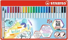 Stabilo Štetcovitá fixky "Pen 68 brush", 25 farieb, kovová krabička