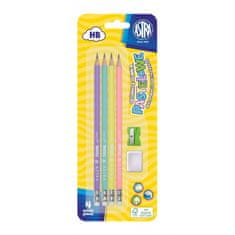 Astra Pastel,4x obyčajná HB ceruzka s merítkom a gumou, strúhadlo+guma, blister, 206120007
