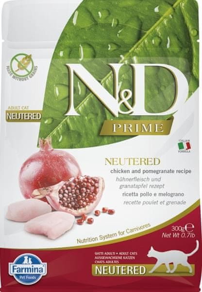 N&D PRIME Cat GF Chicken & granátové jablko Neutered Adult 300 g