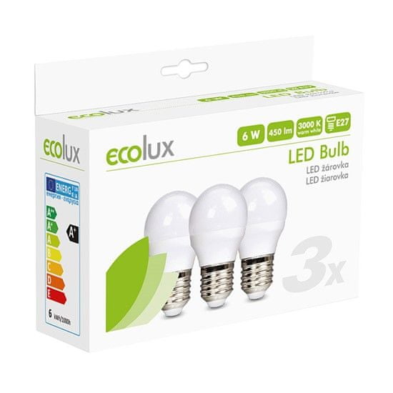 Solight LED žiarovka Ecolux 3-pack , miniglobe, 6 W, E27, 3000K, 450 lm