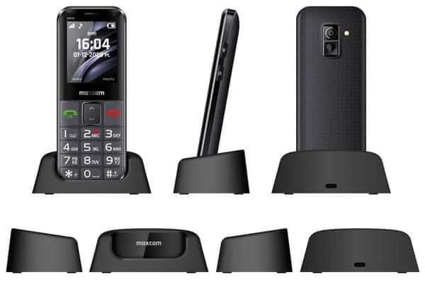 Maxcom MM730, mobil pre seniorov, veľké tlačidlá, SOS tlačidlo, fotokontakty, jednoduché ovládanie, nabíjací stojanček
