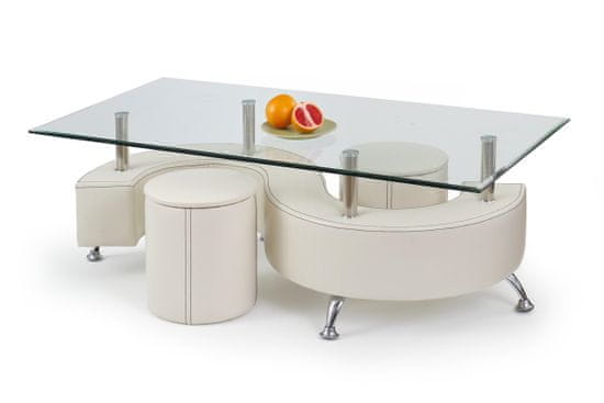 Halmar Sklenený konferenčný stolík s taburetkami Nina 3 H - biela / priehľadná
