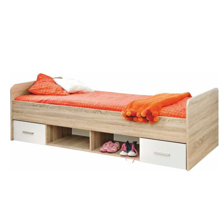 KONDELA Detská posteľ s úložným priestorom Emio Typ 4 90 - dub sonoma / biela