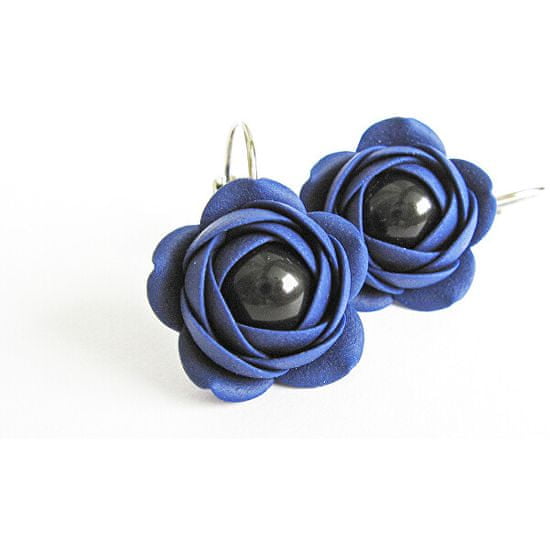 Troli Modré visiace náušnice s čiernou perličkou Estrela kytičky