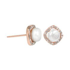 JwL Luxury Pearls Strieborné Rosegold náušnice s pravou bielou perlou a kryštály JL0252